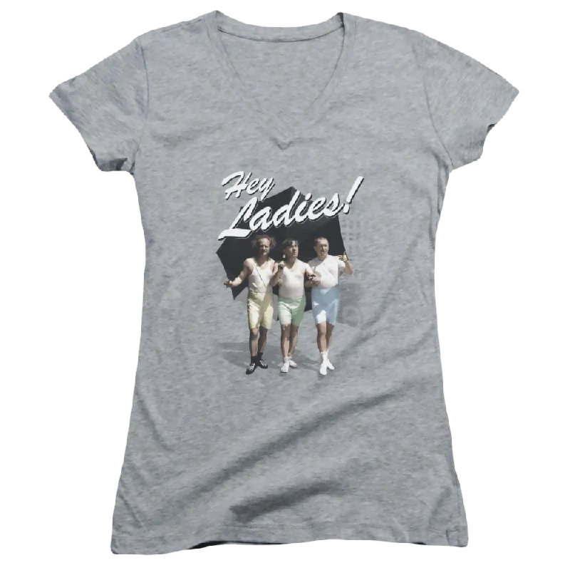 The Three Stooges Hey Ladies Juniors V-Neck T-Shirt-- Welt Pockets Slit Pockets Flap Pockets The Three Stooges Hey Ladies Juniors V-Neck T-Shirt-- Welt Pockets Slit Pockets Flap Pockets