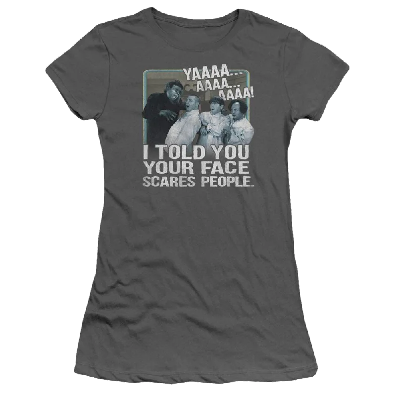 The Three Stooges Scares People Juniors T-Shirt-- Iron Safe Non-Iron Wrinkle Free