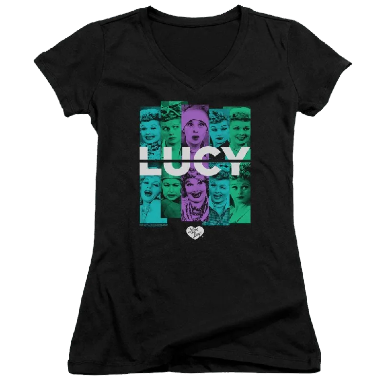 I Love Lucy Shades Of Lucy - Juniors V-Neck T-Shirt-- Fitted T-Shirt Seamless Stretchy