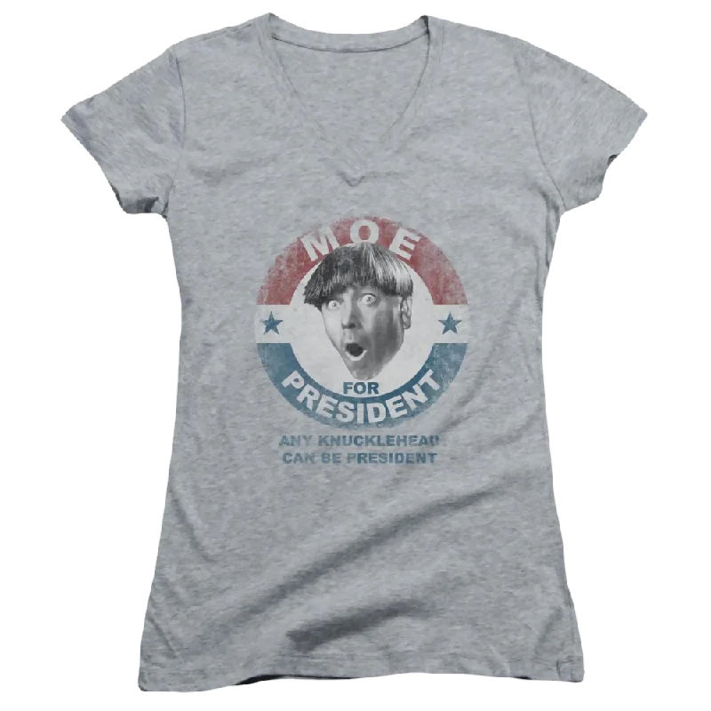 The Three Stooges Moe For President Juniors V-Neck T-Shirt-- Front Pockets Side Pockets Patch Pockets