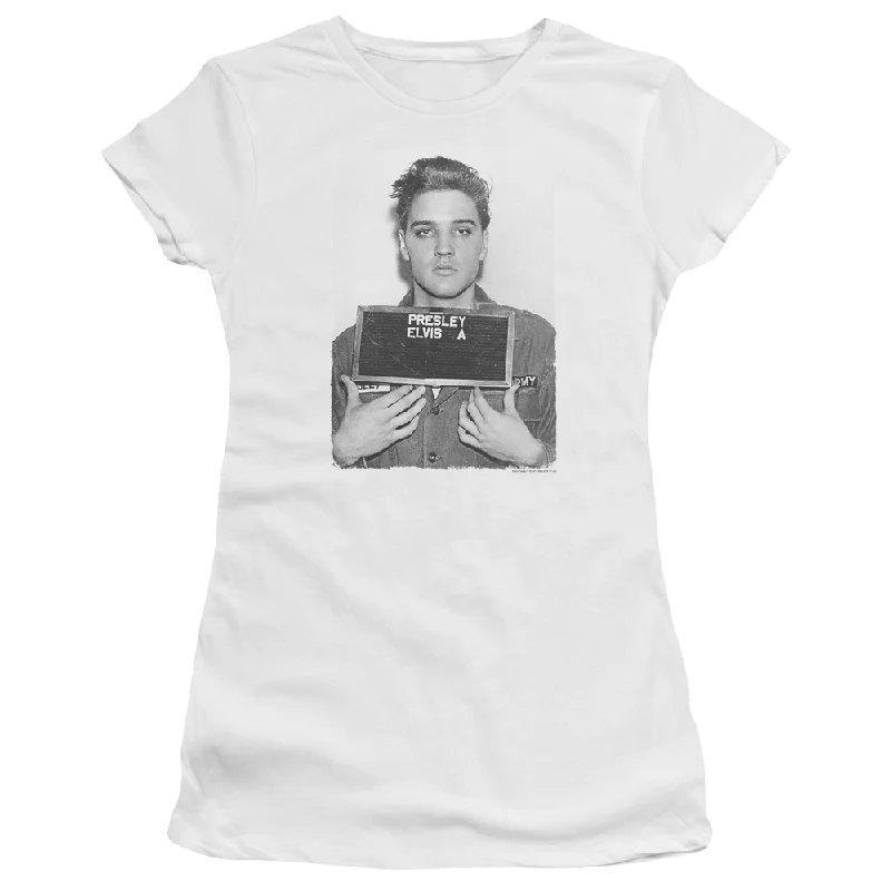 Elvis Presley Army Mug Shot - Juniors T-Shirt-- Asymmetrical Pockets Print