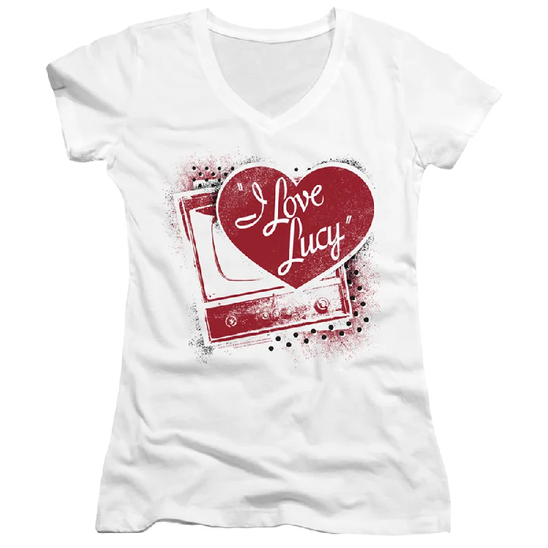 I Love Lucy Spray Paint Heart - Juniors V-Neck T-Shirt-- Seamless Knitted Crochet