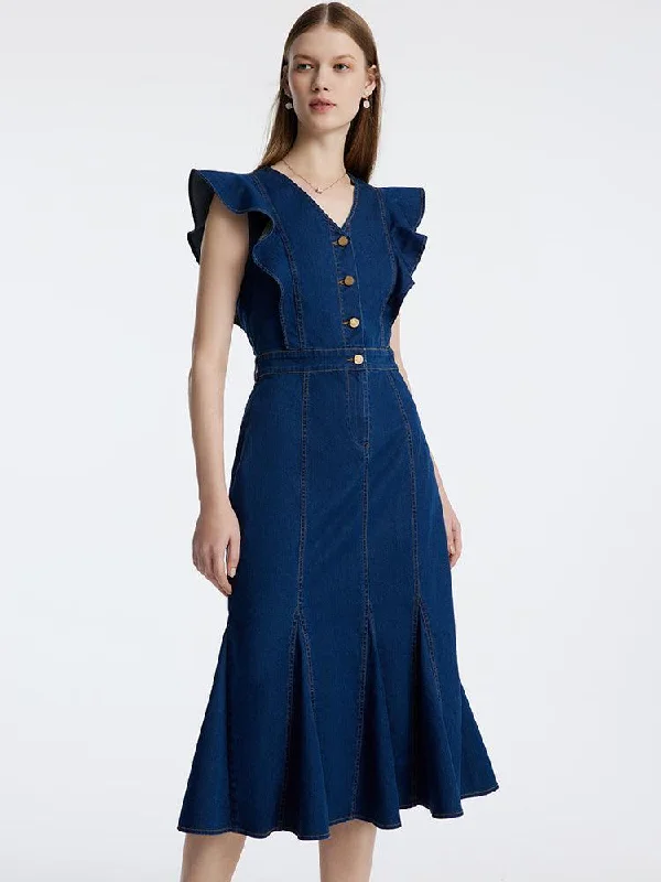 Denim Blue Ruffle Sleeveless Fishtail Dress Boatneck Modish Everyday