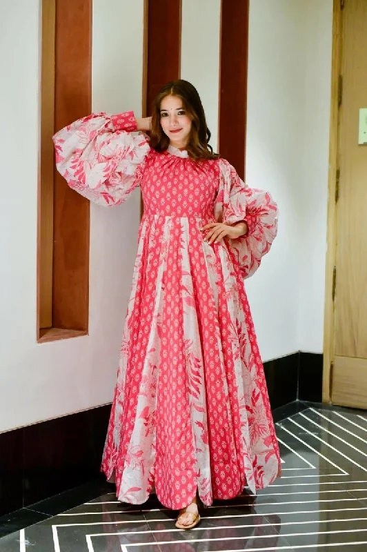 Aastha Fashion Women's Pink Cotton Silk Digital Printed Anarkali Dress Crew Neckline Casual