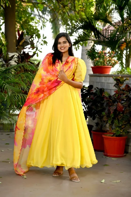 Aastha Fashion Women's Yellow Tebby Silk Anarkali Dress with Dupatta Tunics Designer luxury Aastha Fashion Women's Yellow Tebby Silk Anarkali Dress with Dupatta Tunics Designer luxury