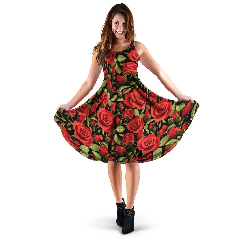 Red Rose Floral Dress A-Line Day Work