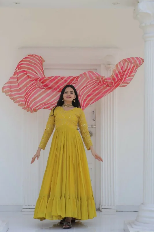 Aastha Fashion Women's Yellow Faux Georgette Sequins Embroidered Anarkali Dress with Dupatta Tunics Sophisticated sleek Aastha Fashion Women's Yellow Faux Georgette Sequins Embroidered Anarkali Dress with Dupatta Tunics Sophisticated sleek