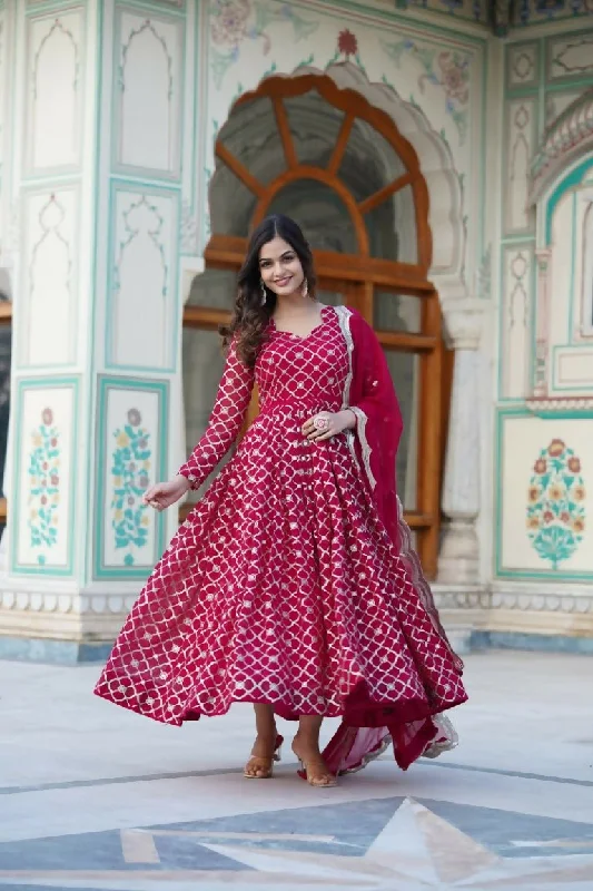 Aastha Fashion Women's Rani Pink Faux Georgette Sequins Embroidered Anarkali Dress with Dupatta Tunics Distressed trendy