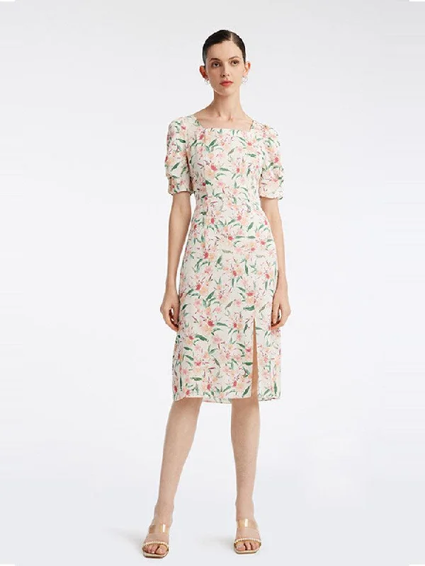 19 Momme Silk Floral Square Neck Dress Tunics Sophisticated sleek