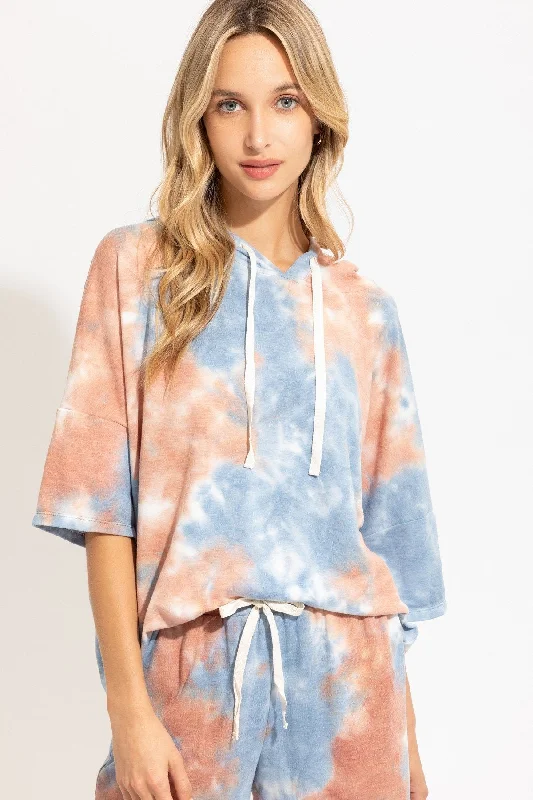 Knit Tie Dye Hoodie for Women in Clay/Blue Hoodie with Camouflage Military Edgy