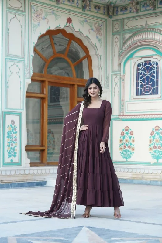 Aastha Fashion Women's Brown Faux Georgette 5 Layer Frill Work Anarkali Dress with Dupatta Tunics Fleece cozy Aastha Fashion Women's Brown Faux Georgette 5 Layer Frill Work Anarkali Dress with Dupatta Tunics Fleece cozy