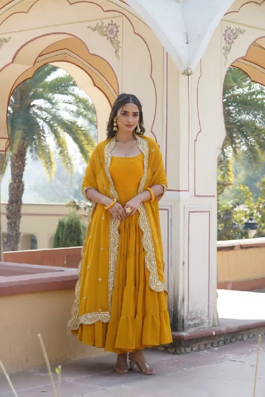 Aastha Fashion Women's Yellow Faux Georgette 5 Layer Frill Work Anarkali Dress with Dupatta Tunics Essential wardrobe Aastha Fashion Women's Yellow Faux Georgette 5 Layer Frill Work Anarkali Dress with Dupatta Tunics Essential wardrobe
