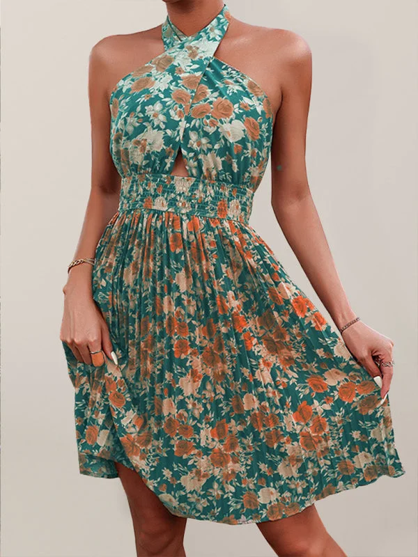Women's Woven Sexy Halter Neck Backless Floral Dress Pencil Office Professional