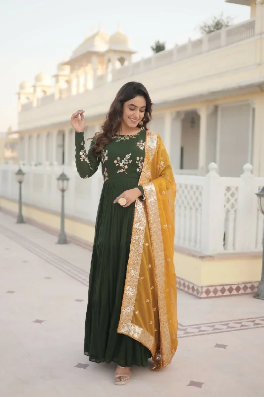 Aastha Fashion Women's Bottle Green Faux Georgette Sequins Embroidered Anarkali Dress with Dupatta Tunics Mesh breathable
