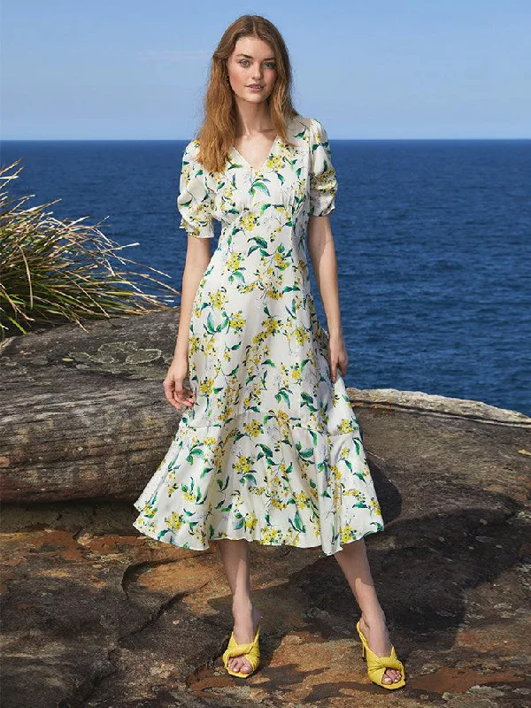 19 Momme Stretch Silk Floral Dress Square Neckline Feminine