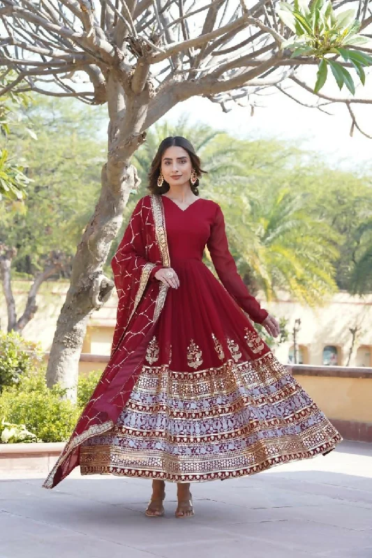 Aastha Fashion Women's Maroon & Golden Faux Georgette Sequins Embroidered Anarkali Dress with Dupatta Tunics Mesh breathable Aastha Fashion Women's Maroon & Golden Faux Georgette Sequins Embroidered Anarkali Dress with Dupatta Tunics Mesh breathable