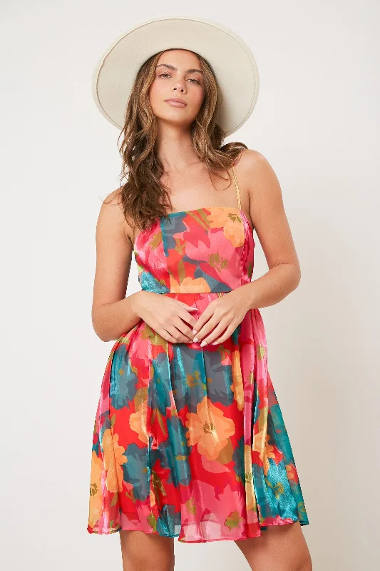 Red Floral Organza Square Neck Back Tie Dress Tunics Hiking breathable
