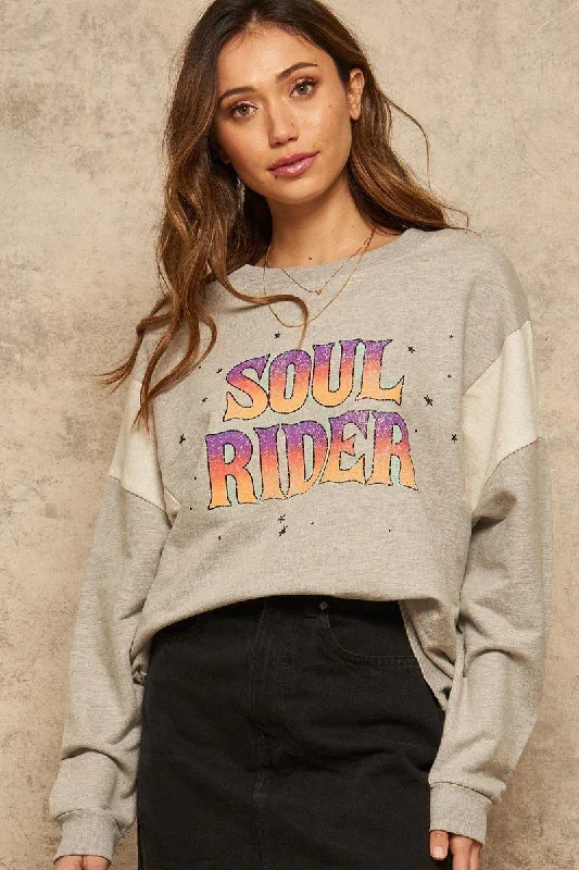 Vintage-style "Soul Rider" French Terry Knit Graphic Sweatshirt Women Heather Grey Hoodie with Hem Fringe Bohemian Relaxed
