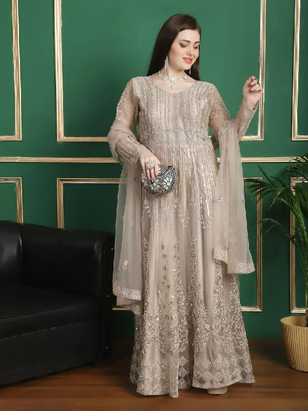 Aastha Fashion Women's Beige Green Net Floral Cording with Sequin & Crystal work Anarkali Dress Set Tunics Lace romantic