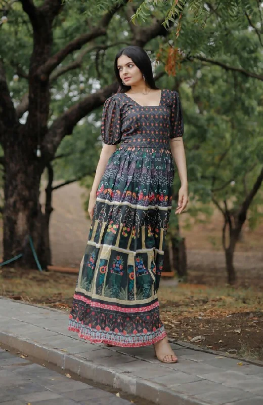 Aastha Fashion Women's Multicolor Pure Chanderi Digital Printed Anarkali Dress Square Neckline Feminine