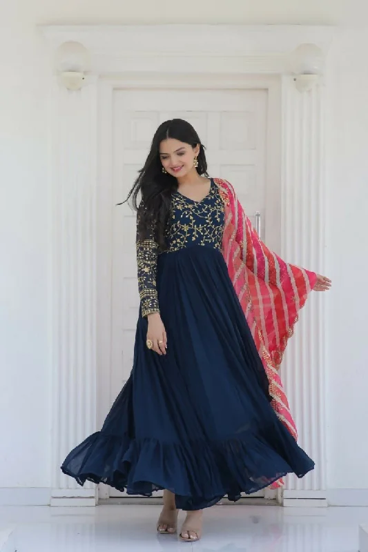 Aastha Fashion Women's Morpich Faux Georgette Sequins Embroidered Anarkali Dress with Dupatta Tunics stripes playful