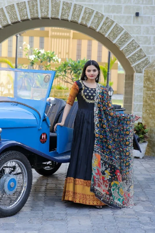 Aastha Fashion Women's Black Silk Jacquard Woven with Embroidery Anarkali Dress with Dupatta Tunics Exclusive limited Aastha Fashion Women's Black Silk Jacquard Woven with Embroidery Anarkali Dress with Dupatta Tunics Exclusive limited