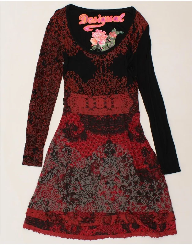 DESIGUAL Womens Long Sleeve A-Line Dress UK 12 Medium Red Floral Viscose Casual Short Summer