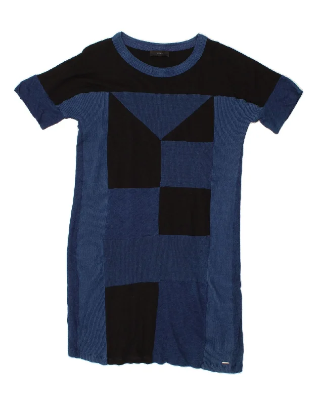 DIESEL Womens Short Sleeves Jumper Dress UK 10 Small Blue Geometric Cotton Tunics Lace romantic
