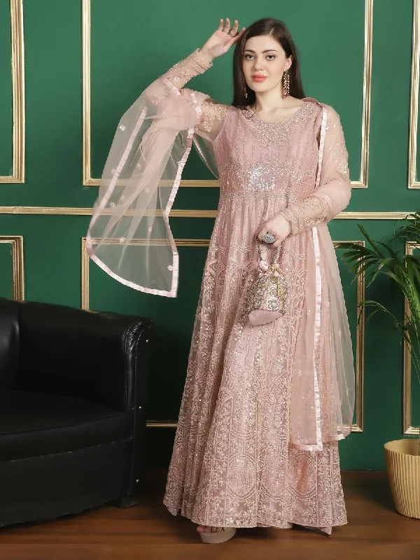 Aastha Fashion Women's Peach Green Net Floral Cording with Sequin & Crystal work Anarkali Dress Set Tunic Top Casual