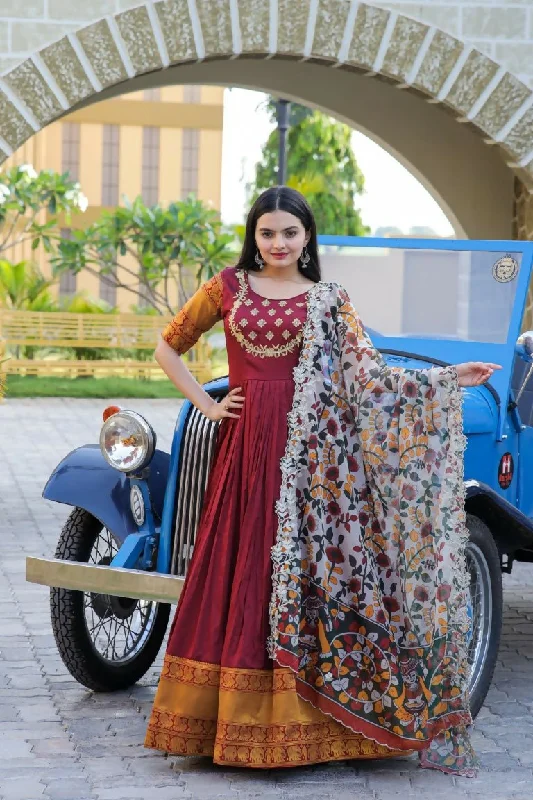 Aastha Fashion Women's Maroon Silk Jacquard Woven with Embroidery Anarkali Dress with Dupatta Tunics Fashionable chic
