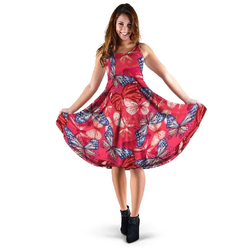 Red and Blue Butterfly Print Dress Tunics Versatile functional