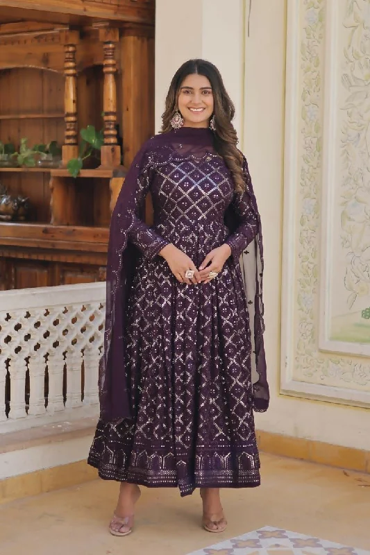 Aastha Fashion Women's Wine Faux Georgette Sequins Embroidered Anarkali Dress with Dupatta Bodycon Club Sequined