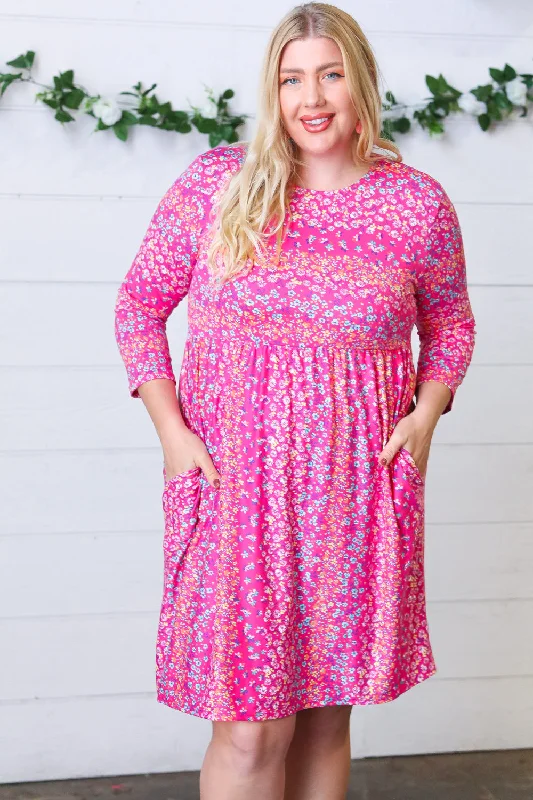 Fuchsia Fit & Flare Midi Pocketed Dress Boat Neckline Classic