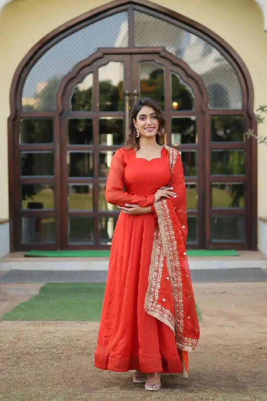 Aastha Fashion Women's Orange Russian Silk Kali Pattern Work in Flair Anarkali Dress with Dupatta Shift Classic Vintage