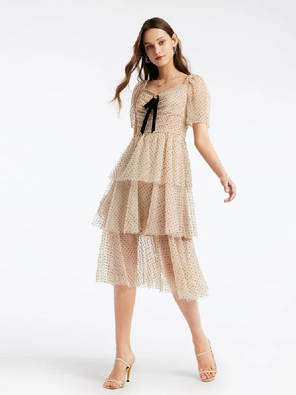 Polka Dot Mesh Square Neck Dress Tunics Silk luxurious
