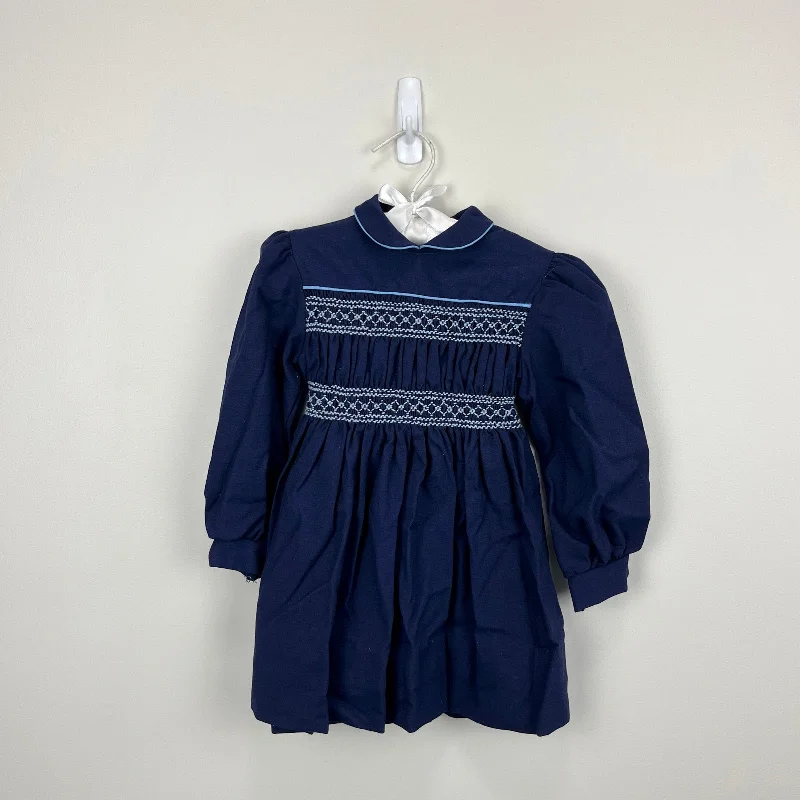 Vintage Polly Flinders Navy Blue Smocked Dress 3T Elegant Long Evening
