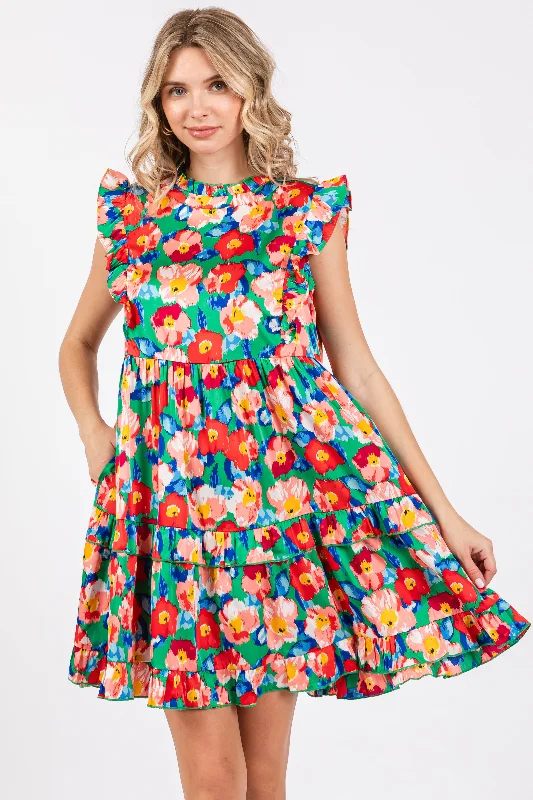 Green Floral Mock Neck Dress Tunics Luxurious premium