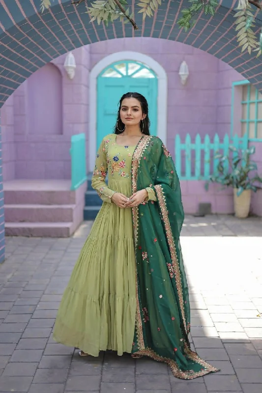 Aastha Fashion Women's Parrot Green Faux Georgette Thread Embroidered Anarkali Dress with Dupatta Tunics Evening elegant