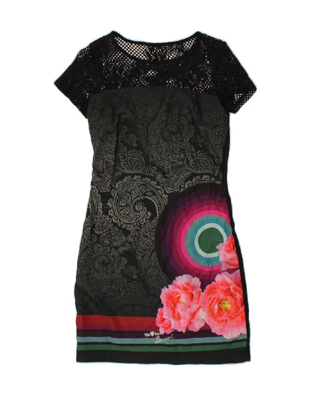 DESIGUAL Womens Short Sleeves Sheath Dress UK 8 Small Black Floral Tunics Stylish elegant