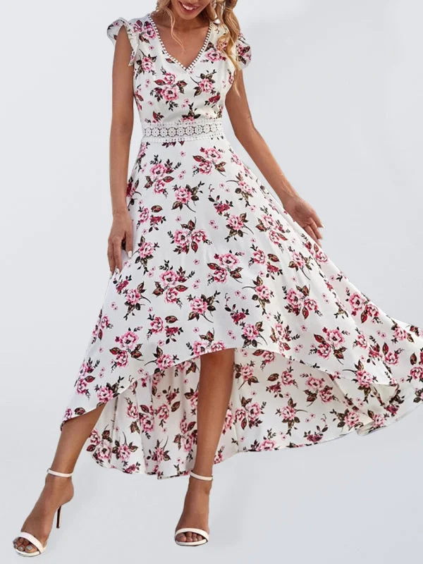 Women's Floral Print V-neck Flutter Sleeve High-low Chiffon Dress Tunics Trendy modern Women's Floral Print V-neck Flutter Sleeve High-low Chiffon Dress Tunics Trendy modern