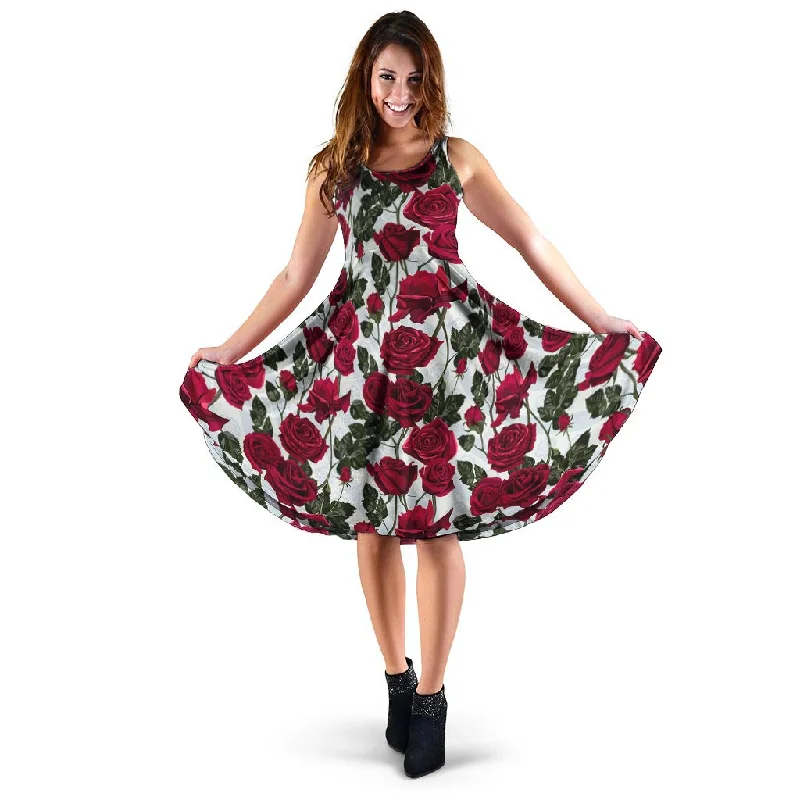 Red Rose Flower Print Dress Tunics Sophisticated sleek