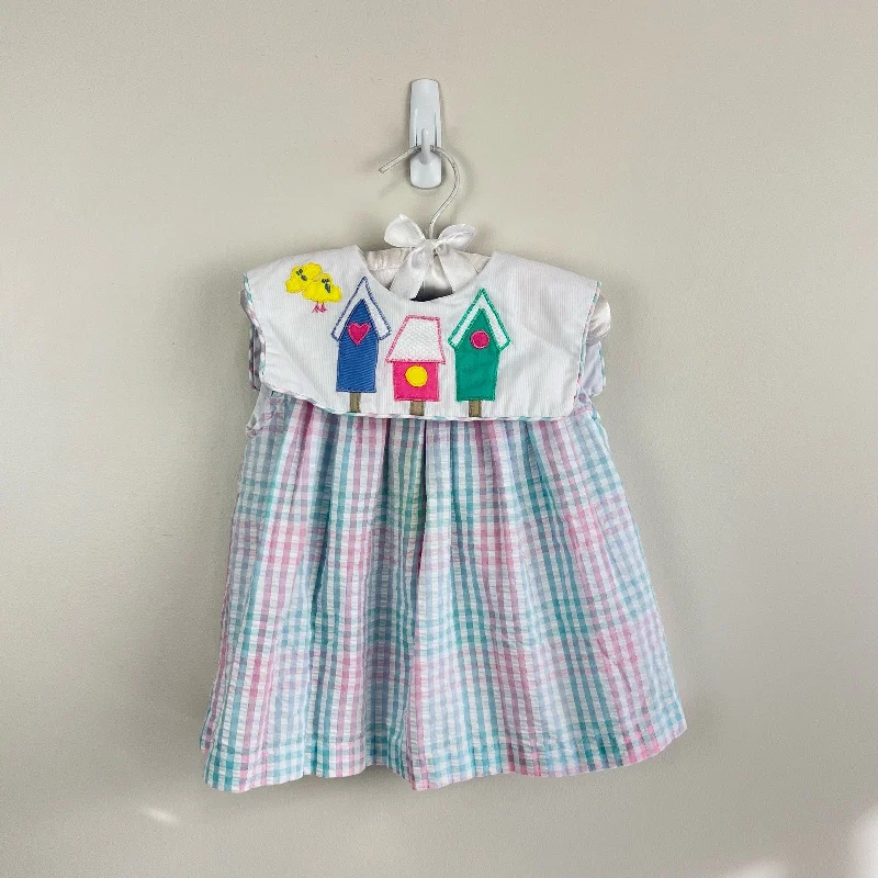 Vintage Samara Pastel Plaid Seersucker Bird House Dress 18 Months Boat Neckline Classic