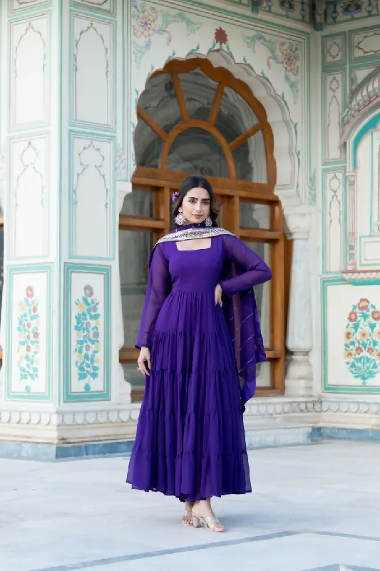 Aastha Fashion Women's Purple Faux Georgette 5 Layer Frill Work Anarkali Dress with Dupatta Tunics Trousers formal Aastha Fashion Women's Purple Faux Georgette 5 Layer Frill Work Anarkali Dress with Dupatta Tunics Trousers formal
