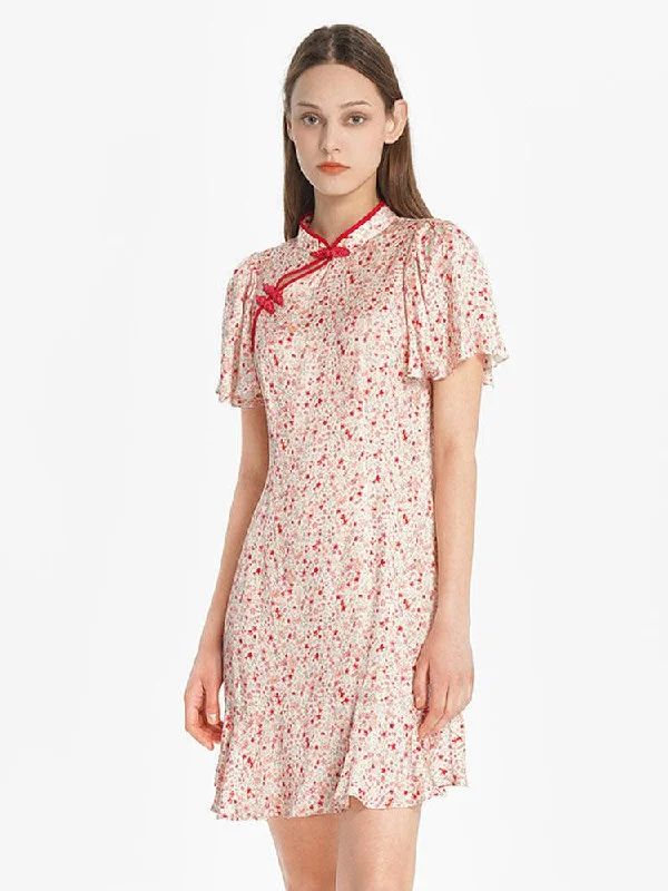 Floral Ruffle Sleeve Cheongsam Dress sweetheart Neckline Romantic