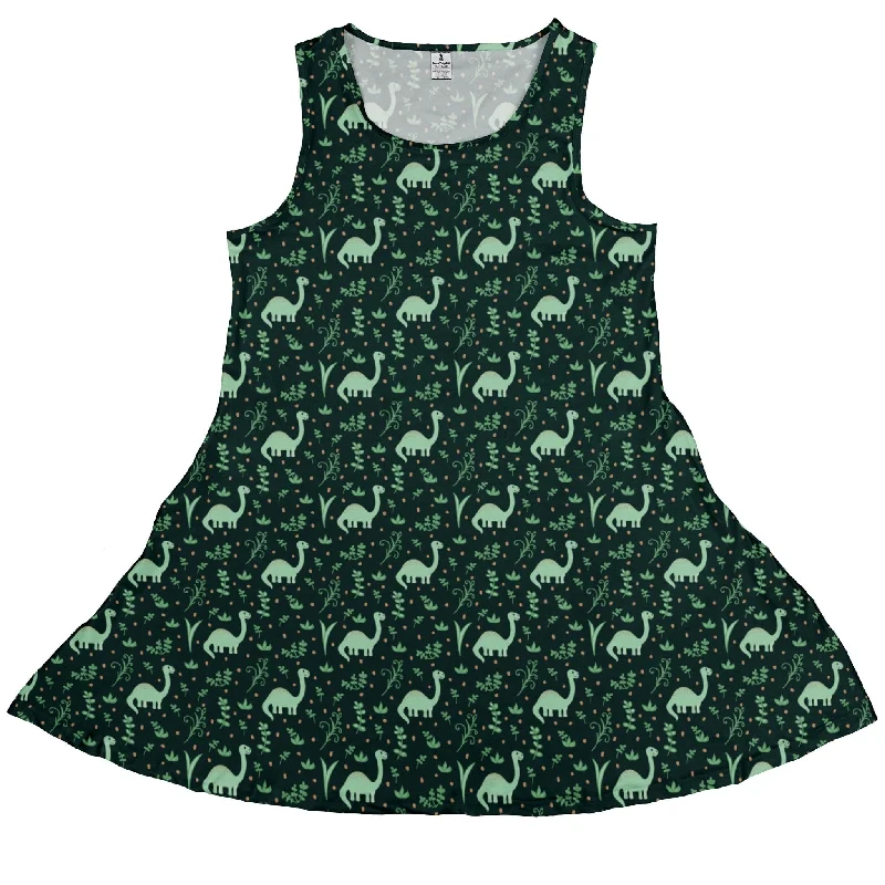 Dino Green Tropics Green Dinosaur Dress Square Neckline Feminine