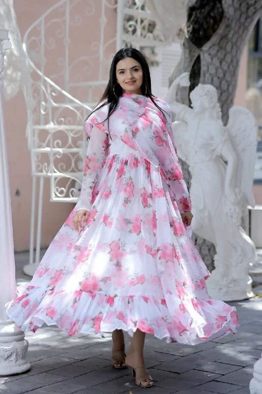 Aastha Fashion Women's Multicolor Pink Faux Georgette Floral Printed Anarkali Dress with Dupatta sweetheart Neckline Romantic