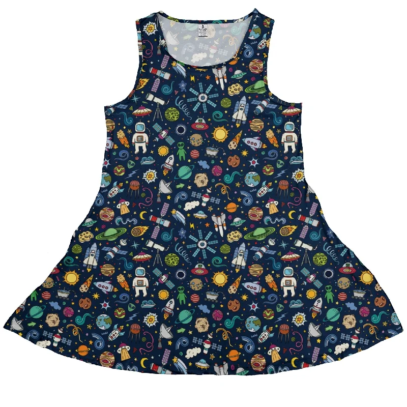 Cartoon Space Objects Outer Space Navy Dress Cowl Neckline Elegant