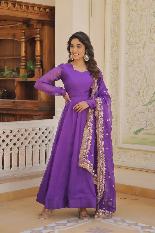 Aastha Fashion Women's Purple Russian Silk Kali Pattern Work in Flair Anarkali Dress with Dupatta Tunics Practical durable