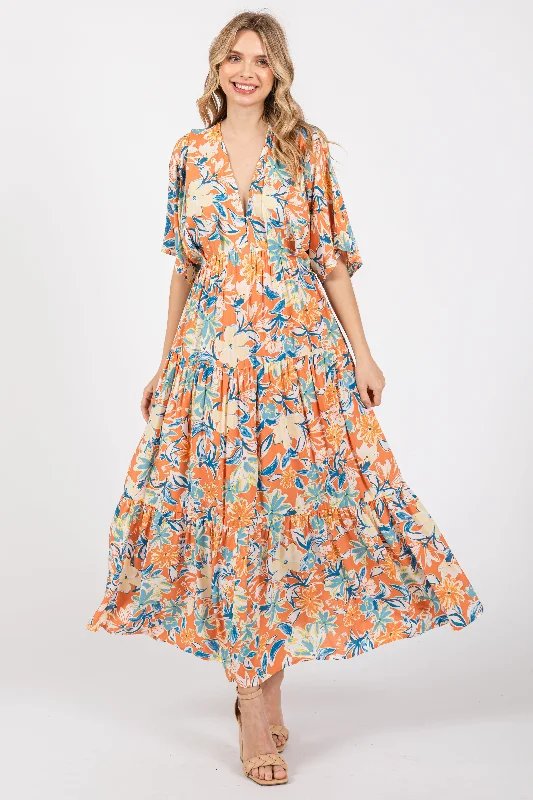 Peach Floral Dolman Sleeve Tiered Dress Tunics Floral girly