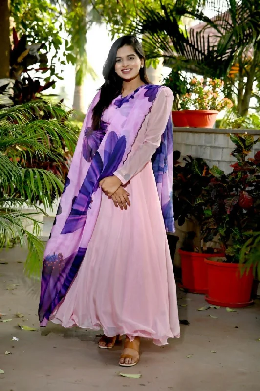 Aastha Fashion Women's Baby Pink Tebby Silk Anarkali Dress with Dupatta Crew Neckline Sporty